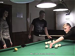 skinny tiny cockslut gets tag teamed on the pool table